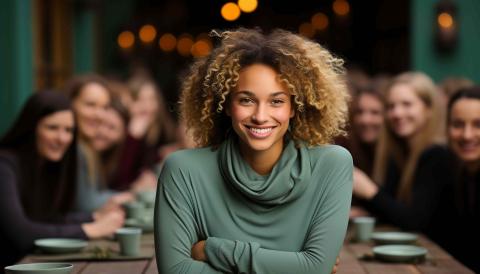 Mulher em reunião olhando pra frente e sorrido com pessoas de fundo.